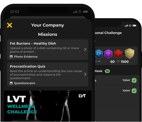 Missions and personal challenge screens of the RocketJourney app