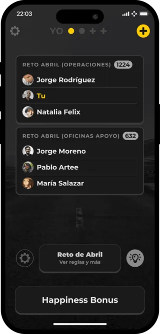The monthly challenge in the RocketJourney app, with the teams of the April challenge and the Happiness Bonus button