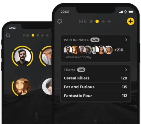 Team challenge screens of the RocketJourney app